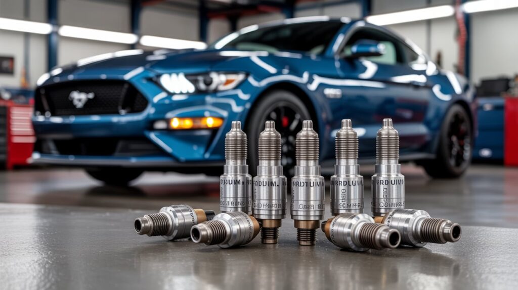 High-performance spark plugs displayed in a workshop with a blue Mustang GT in the background, representing the best spark plugs for mustang gt.