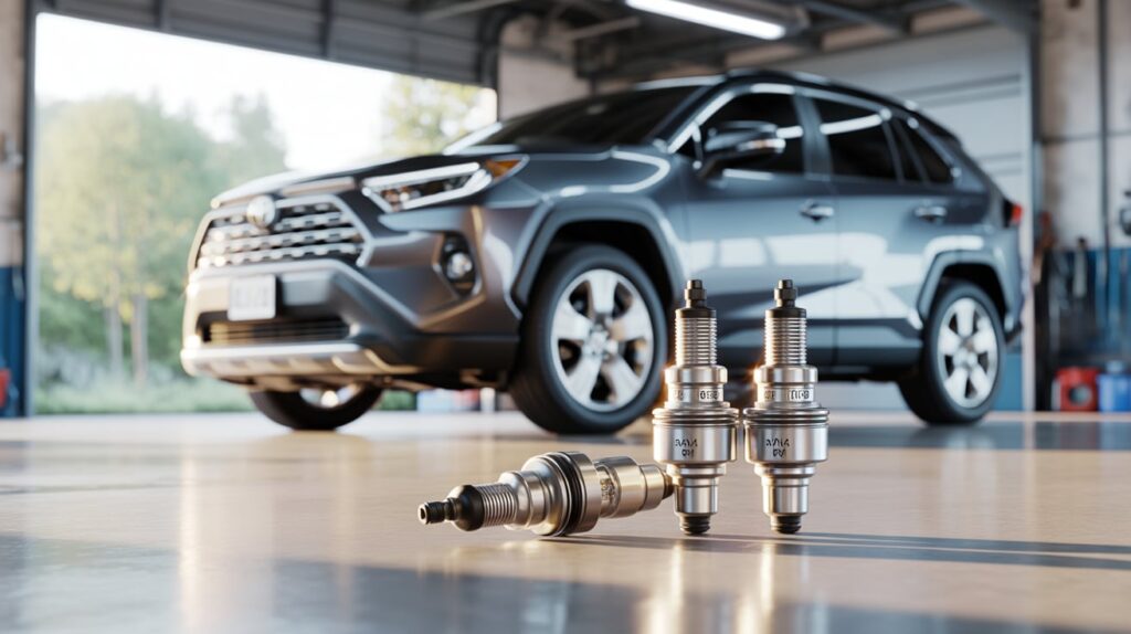 best spark plugs for Toyota RAV4 placed in front of a Toyota RAV4 in a garage