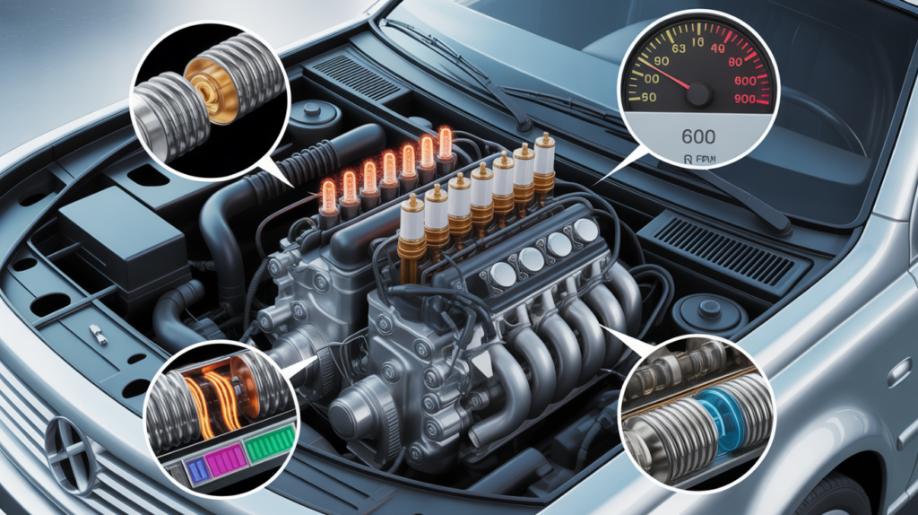 Engine diagram showing what causes engine misfire at idle with highlighted spark plugs, fuel injectors, ignition coil issues, and uneven RPM indicators.