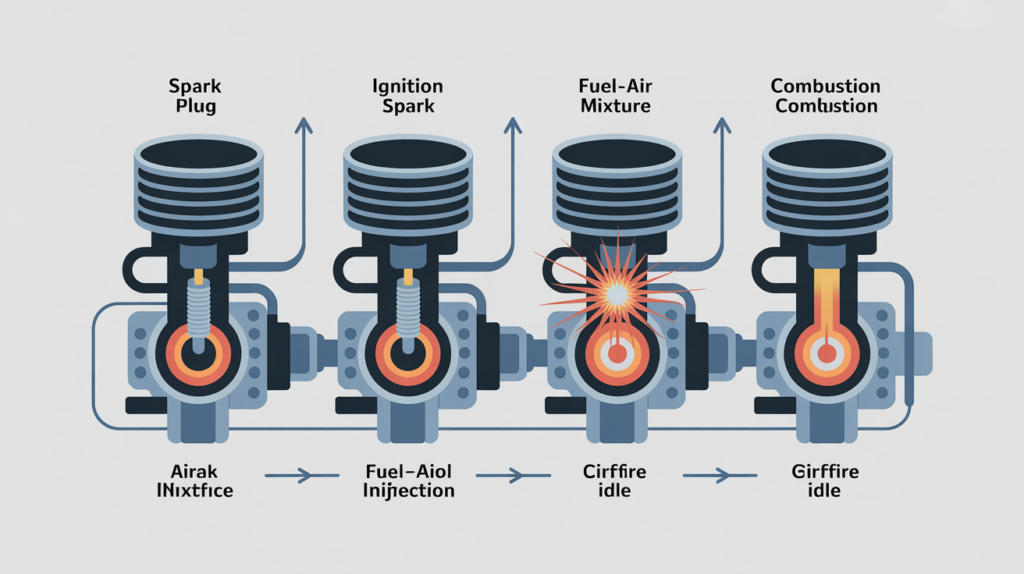 Engine cylinder diagram showing spark plug firing, fuel-air mixture, and combustion process during an idle misfire.