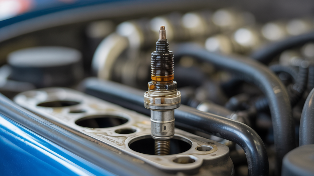A close-up of a fuel-soaked spark plug inside an engine cylinder, showing wet fuel buildup and explaining why is my spark plug wet with fuel.