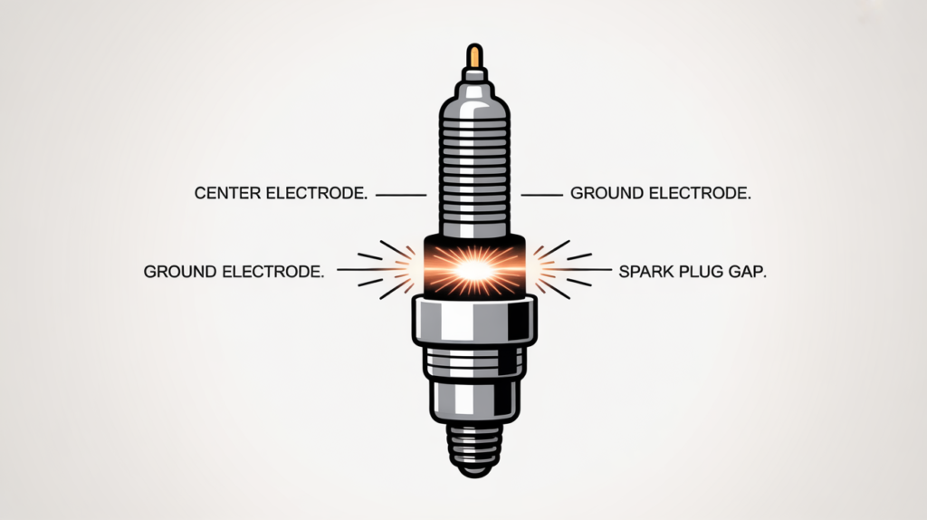 Diagram showing how a spark plug gap works, with the center electrode, ground electrode, and spark jumping across the gap.