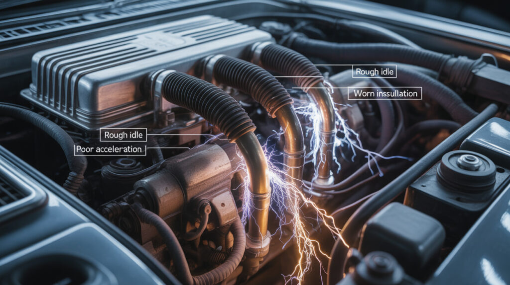 Close-up of a car engine showing electrical arcing and worn spark plug wires, demonstrating key symptoms of bad spark plug wires such as rough idle, poor acceleration, and ignition problems.