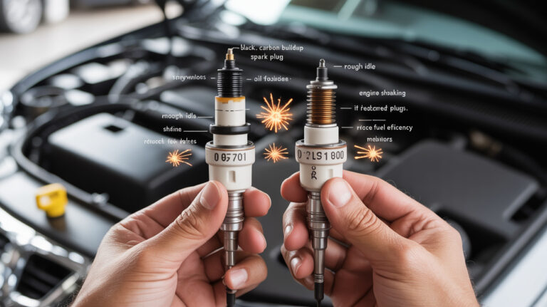 Comparison of a damaged and a good spark plug showing wrong spark plugs symptoms such as carbon buildup, misfires, and rough idle.