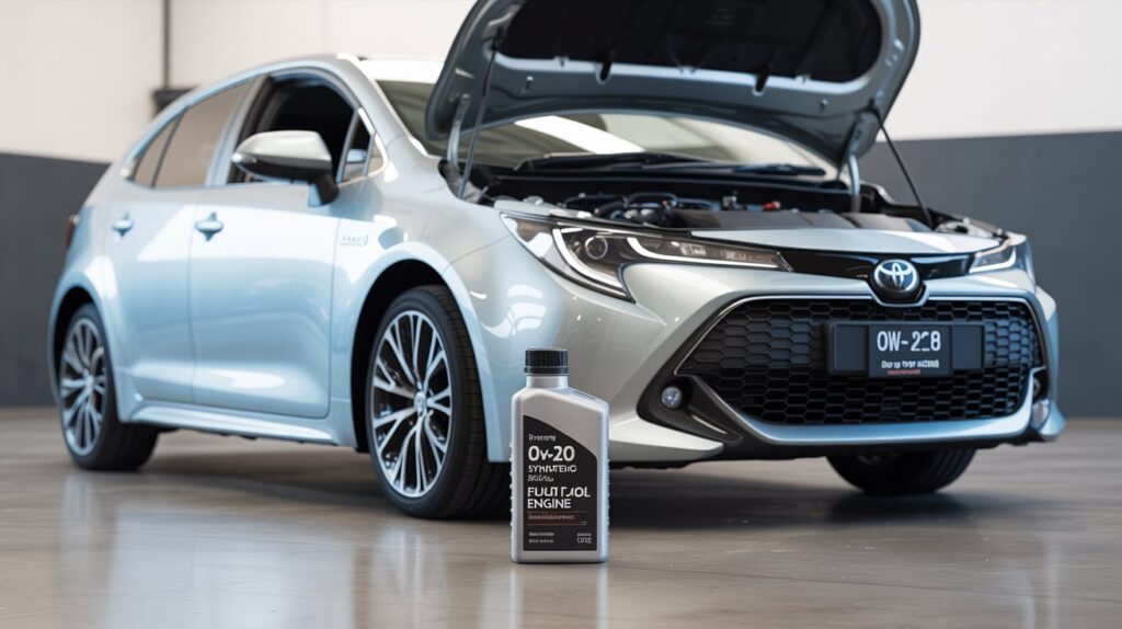 Synthetic engine oil placed in front of a Toyota Corolla 1.8 petrol, showing the best engine oil for toyota corolla 1.8 petrol for smooth performance and engine protection