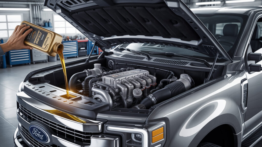 Pouring the best oil for ford diesel engines into a Ford diesel truck engine during routine oil change maintenance.