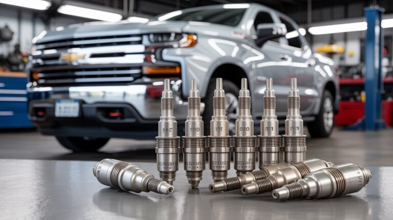 Best spark plugs for Chevy Silverado displayed in a professional auto garage with a Chevy Silverado truck in the background
