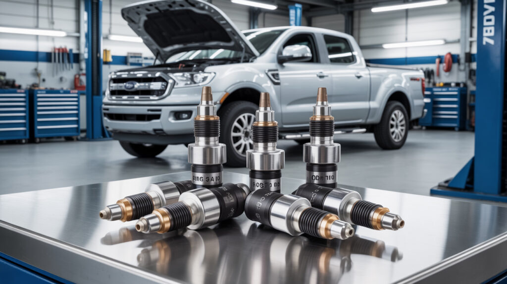 best spark plugs for Ford Ranger placed on a workbench in an auto repair shop with a Ford Ranger in the background