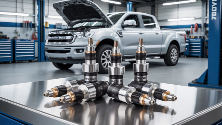 best spark plugs for Ford Ranger placed on a workbench in an auto repair shop with a Ford Ranger in the background