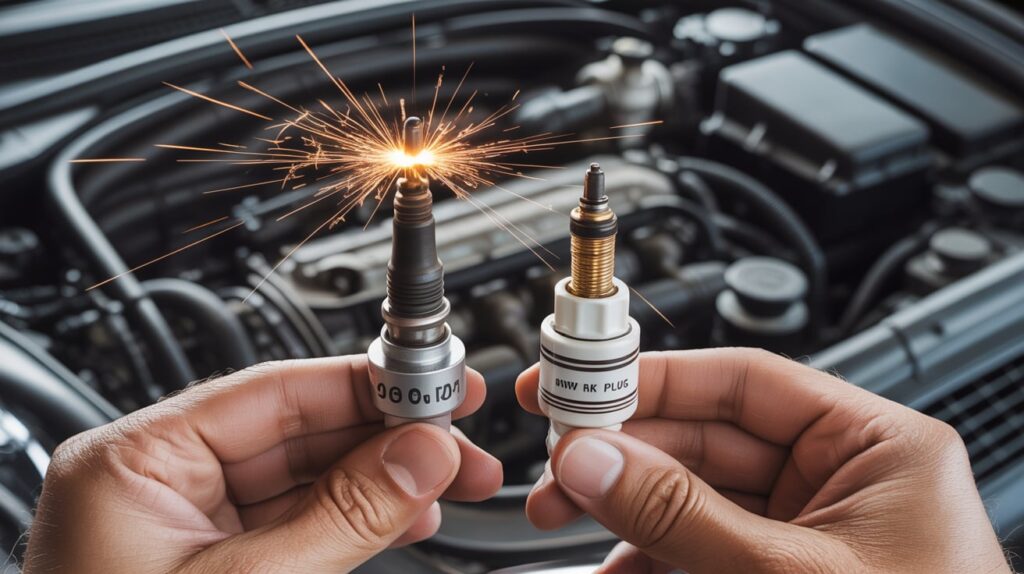 Worn and new spark plugs showing spark strength differences inside an engine, explaining do spark plugs affect acceleration and overall engine performance.