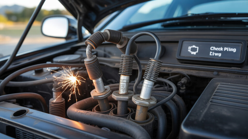 Visible electrical arcing from ignition wires showing symptoms of bad spark plug wires, including engine misfires and check engine light issues
