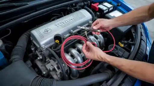 Toyota Camry spark plug wires replacement being performed on the engine for improved ignition performance