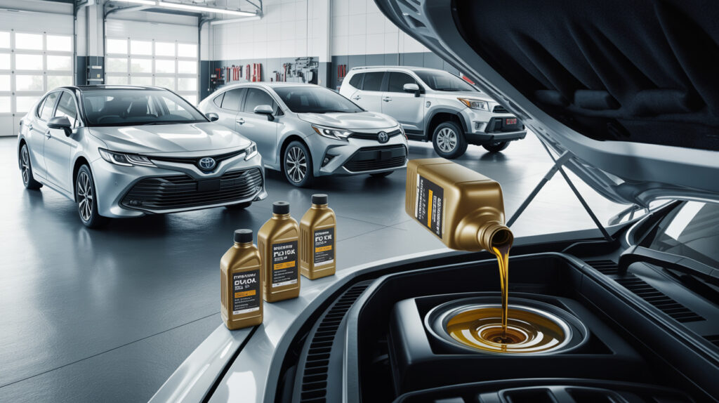Best 0w-20 synthetic oil for Toyota being poured into a modern Toyota engine in a professional garage.