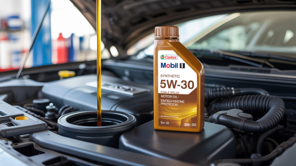 Best 5W30 oil fully synthetic being poured into a car engine during maintenance, showing high-performance motor oil for engine protection.