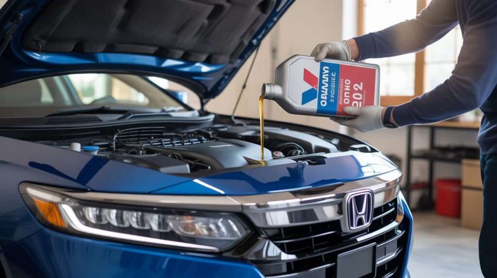 Mechanic adding full synthetic oil during service using the best engine oil for Honda Accord