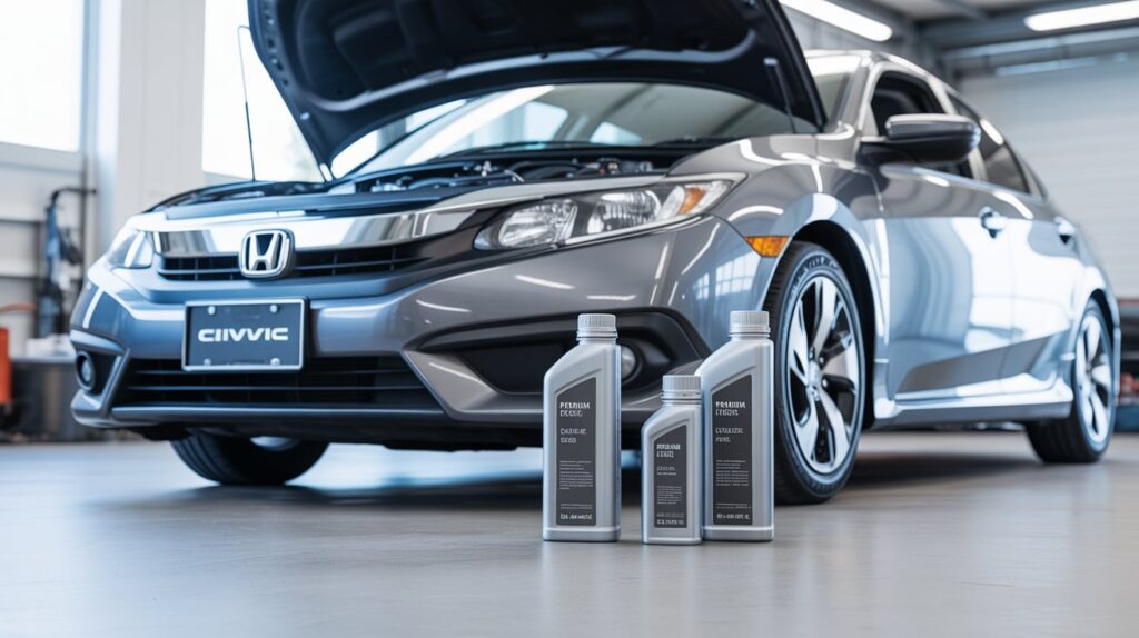 Best engine oil for Honda Civic displayed with a Honda Civic car in a garage, showing engine oil bottles for optimal engine performance.