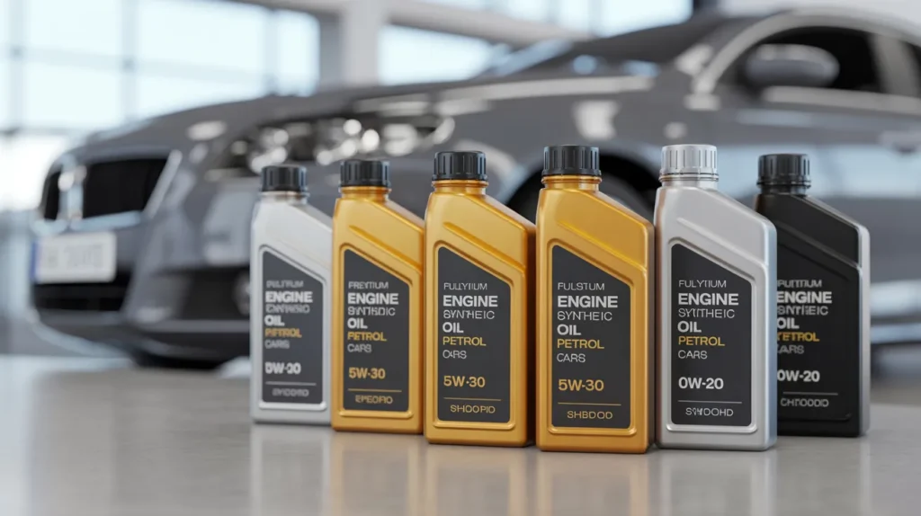 A lineup of synthetic motor oil bottles used as the best engine oil for petrol cars, featuring popular viscosity grades suitable for modern gasoline engines.