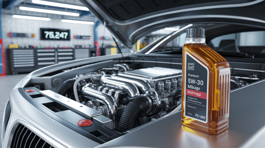 Best high mileage oil 5W30 placed next to an older car engine for enhanced protection and reduced oil consumption