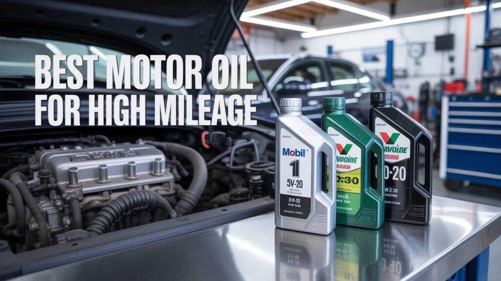 Best motor oil for high mileage engines displayed next to an open car engine in a professional auto workshop