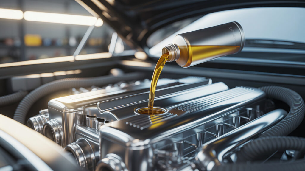 best oil additive for synthetic oil being added to a modern car engine for better performance