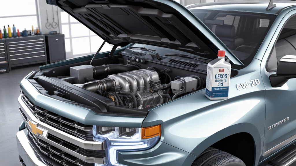 Chevy Silverado 1500 5.3 oil type showing GM dexos1 GEN 3 0W-20 full synthetic engine oil for factory-recommended lubrication