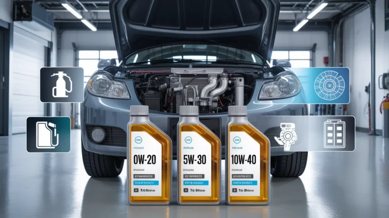 Oil specifications by vehicle showing 0W-20, 5W-30, and 10W-40 engine oil options for different car engines