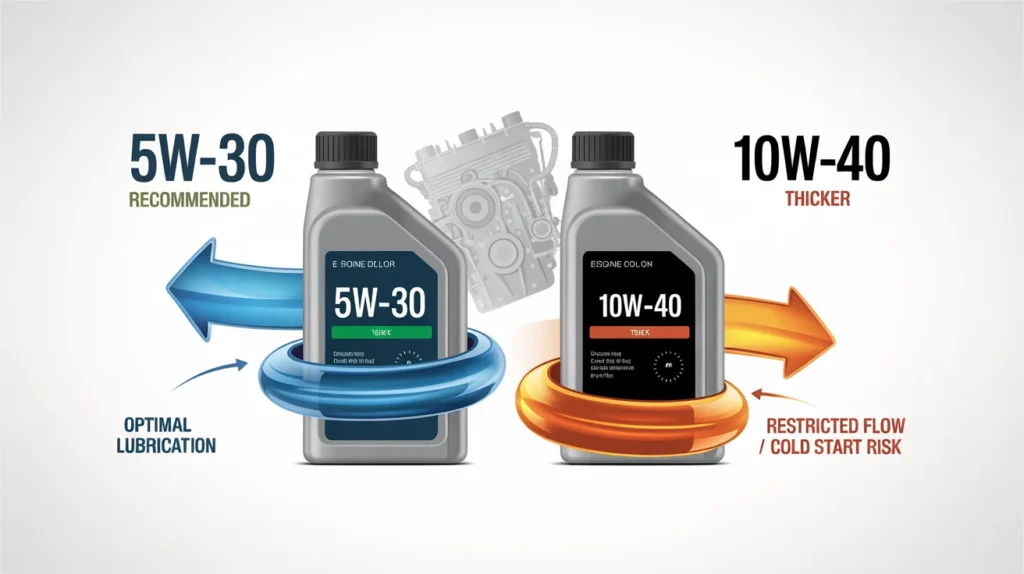 5W-30 vs 10W-40 engine oil comparison showing recommended viscosity for optimal lubrication and thicker oil causing restricted flow during cold start