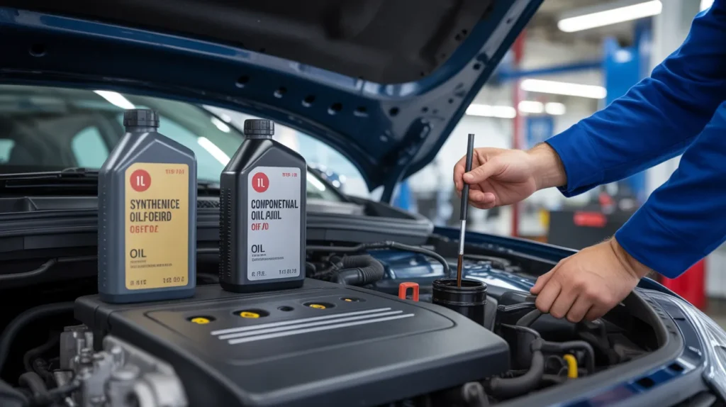 Mechanic checking engine oil when deciding can i switch from synthetic oil to conventional oil