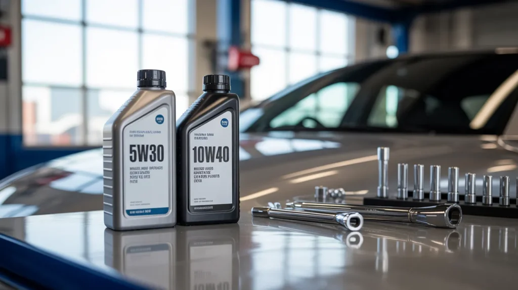 can i use 5w30 instead of 10w40 engine oil comparison showing two oil bottles in workshop