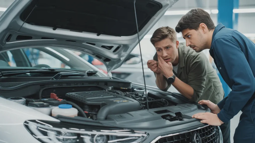Car making noise after oil change while mechanic inspects engine for oil-related issues