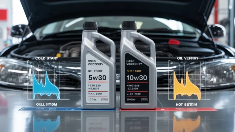Illustration showing the difference between 5W30 and 10W30 oil, comparing cold start flow and high-temperature viscosity performance in a car engine