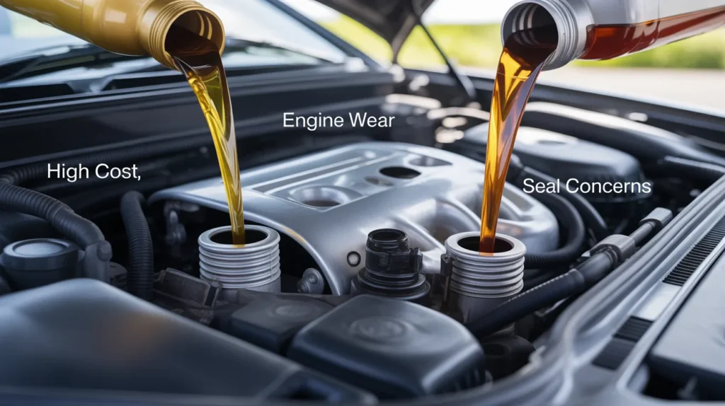 Visual representation of the disadvantages of synthetic oil showing engine wear, high cost, and seal concerns during an oil change