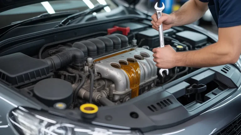 Mechanic diagnosing engine oil leak to estimate engine oil leak repair cost and required repairs