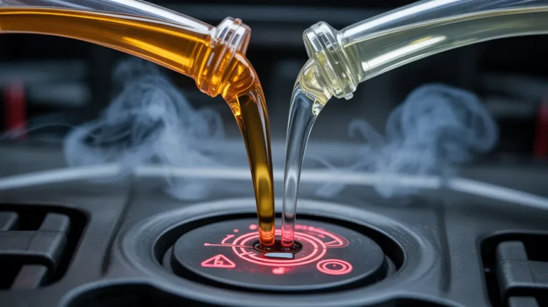 Visual showing engine oil too thin symptoms with low viscosity oil in a hot engine causing reduced protection and faster flow