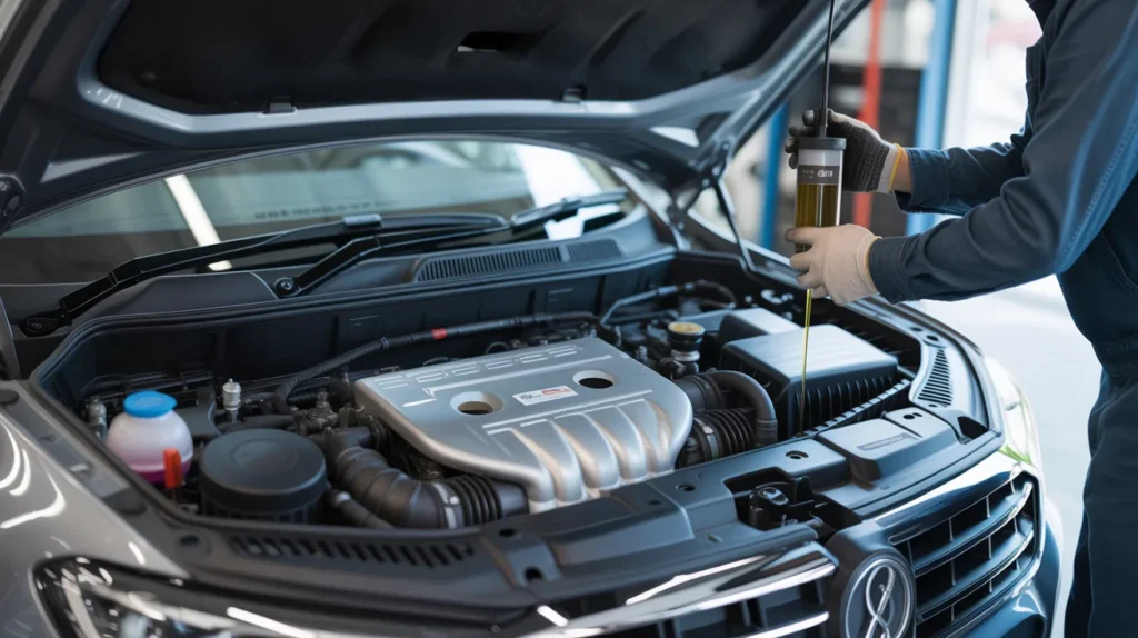 Car making noise after oil change with mechanic checking engine oil and filter
