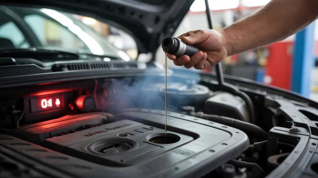 Mechanic checking low engine oil level with dipstick in a hot car engine showing warning light and smoke signs