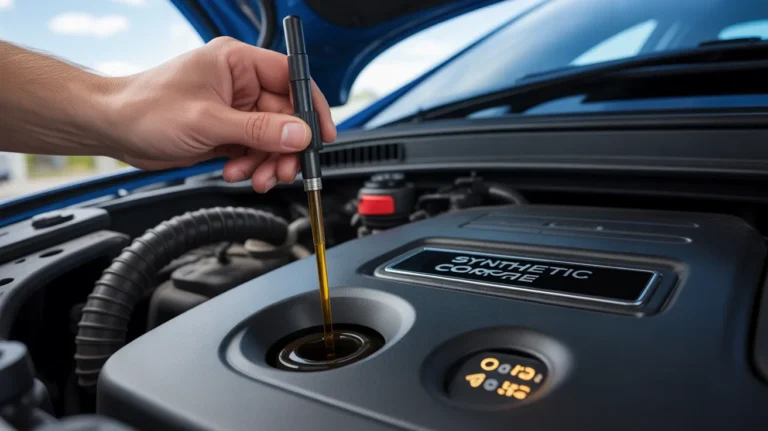 Checking engine oil with dipstick to monitor oil change interval for synthetic oil in a modern car engine