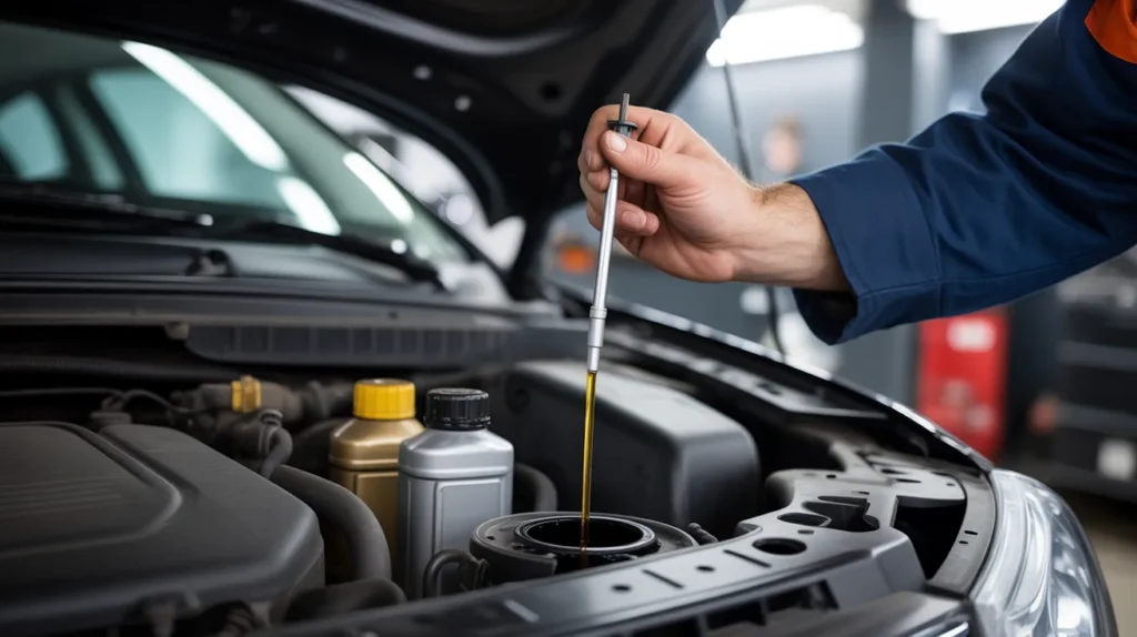 Mechanic checking engine oil level using dipstick under car hood in a workshop