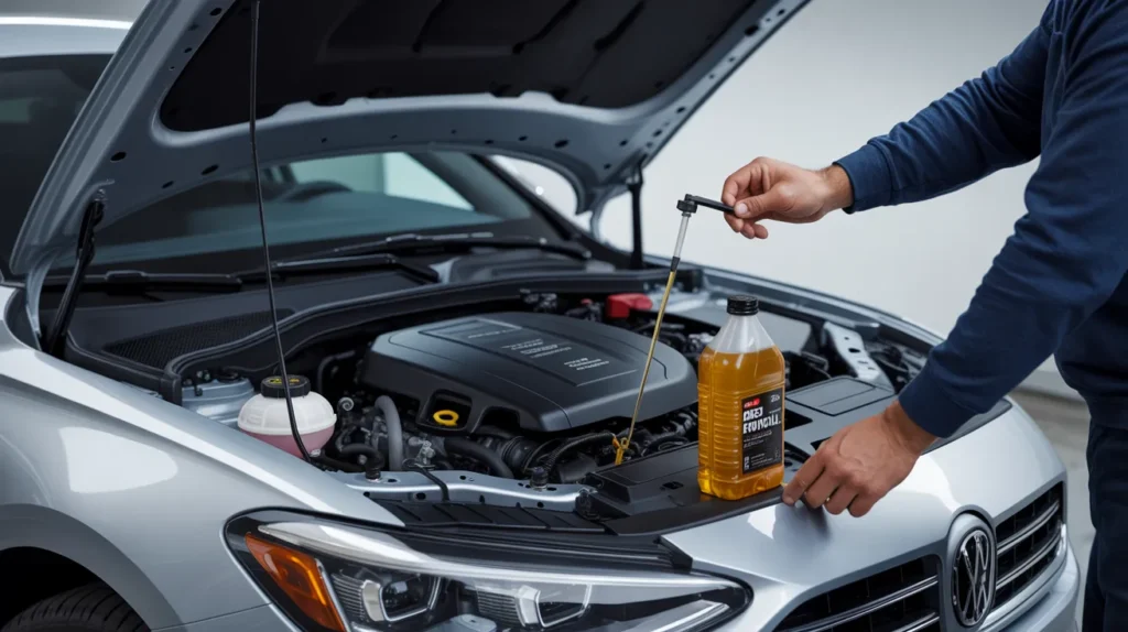Mechanic checking dipstick after service to diagnose oil pressure light on after oil change