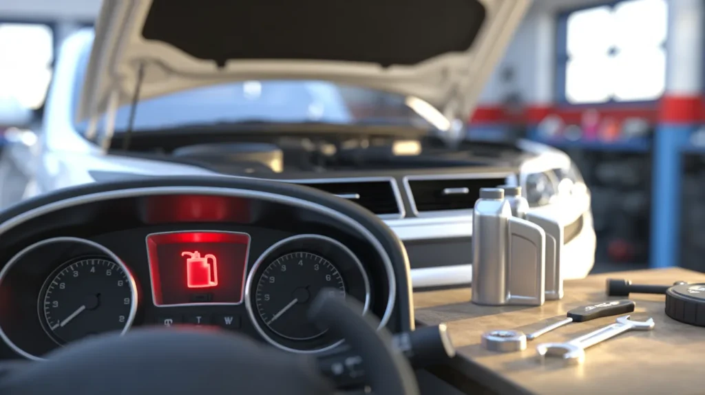 oil pressure light on after oil change warning on car dashboard during vehicle maintenance