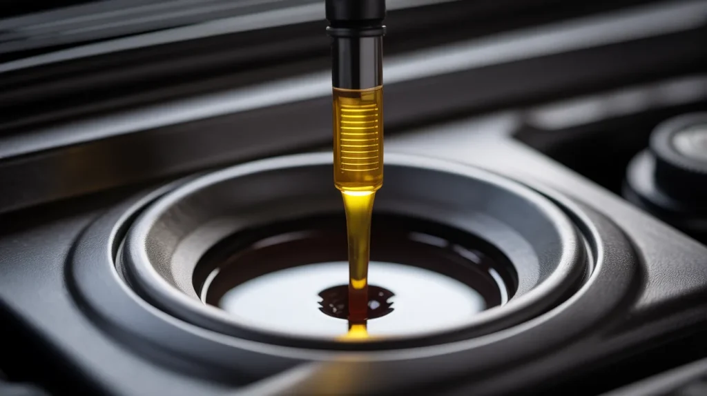 Dipstick measuring oil level showing overfilled engine oil symptoms in a modern car engine