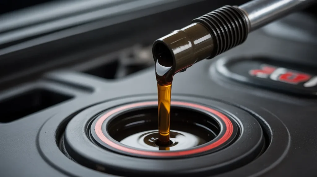 Close-up of pouring fresh engine oil into car engine oil filler for routine maintenance
