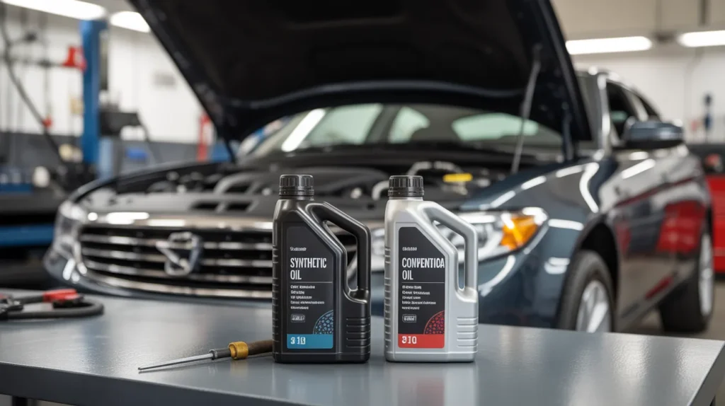Comparison of synthetic and conventional engine oil bottles in front of a car during maintenance