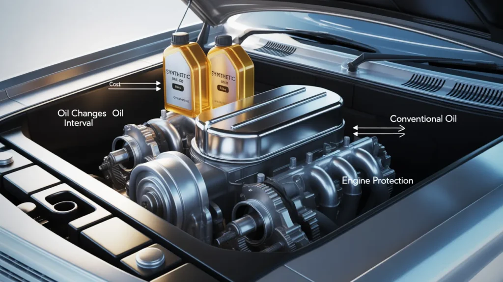 Synthetic vs conventional oil comparison showing engine protection, oil change interval, and cost differences inside a car engine