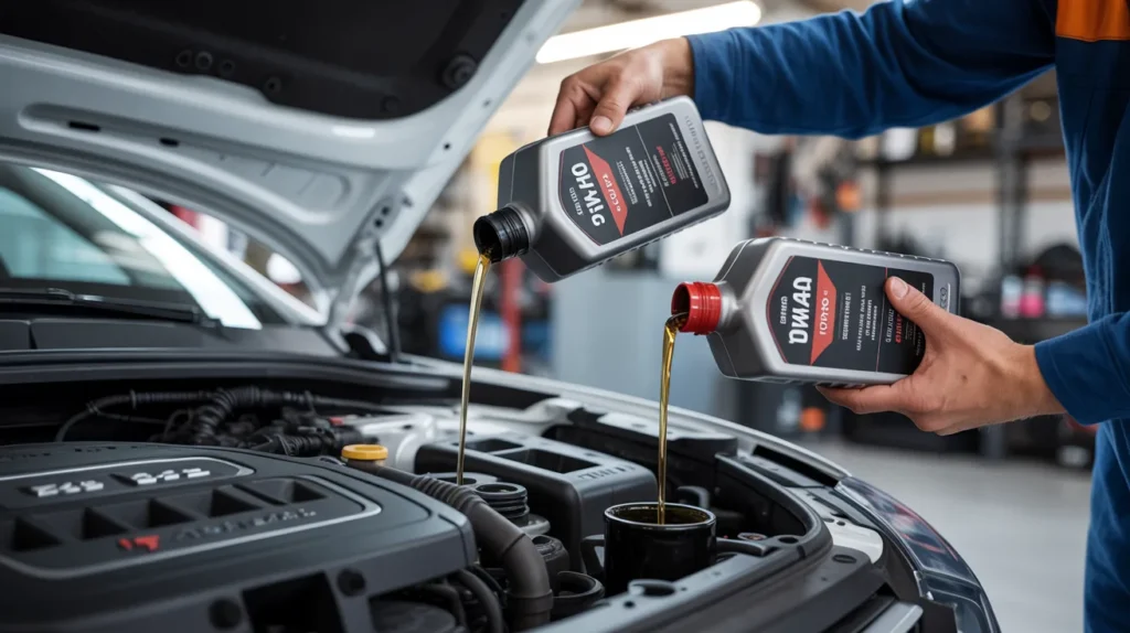 Mechanic adding different viscosity motor oils into a car engine showing the risks of using thicker oil than recommended