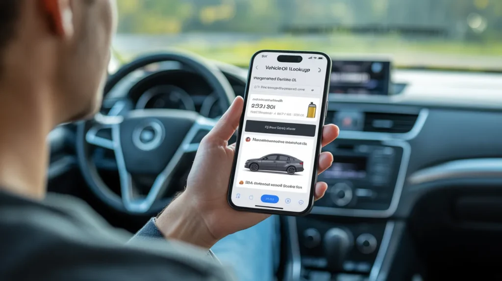 Driver using smartphone vehicle oil lookup app inside car to find the correct engine oil specification by registration number