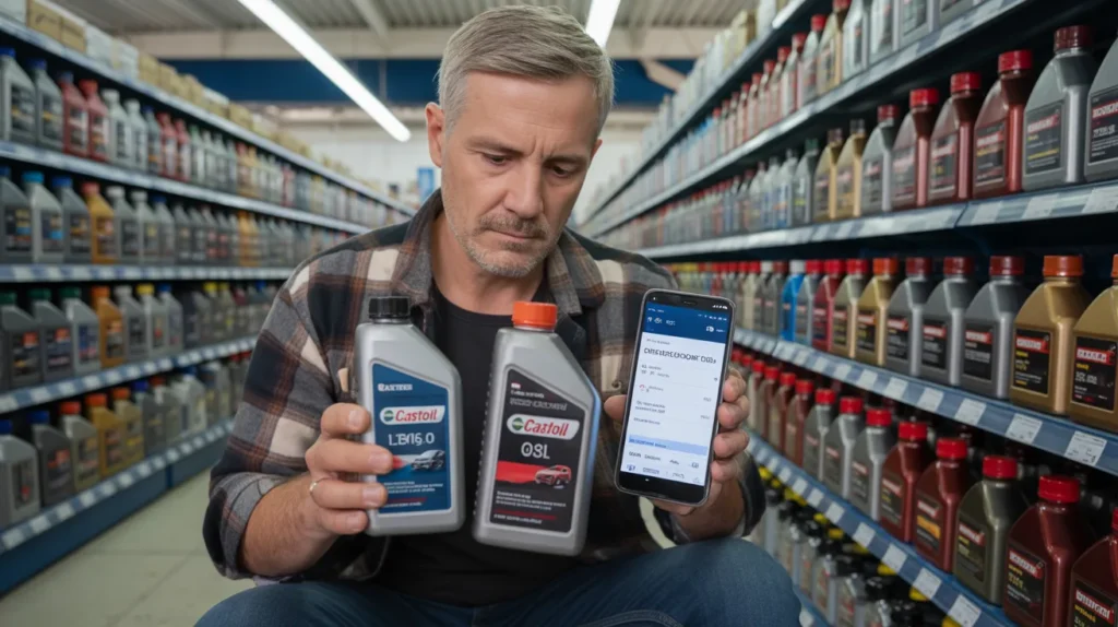 Man comparing engine oil bottles in store while searching what oil for my car by reg on smartphone to find correct specification