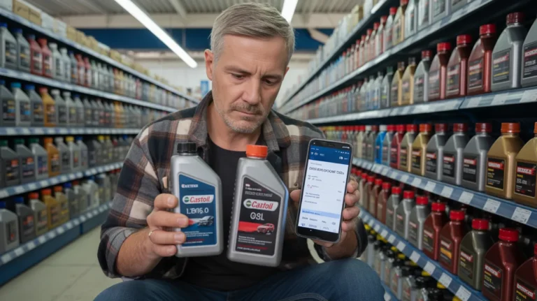 Man comparing engine oil bottles in store while searching what oil for my car by reg on smartphone to find correct specification