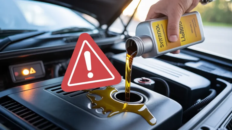 Pouring synthetic motor oil into car engine with warning sign showing risk of wrong oil in car synthetic causing engine damage