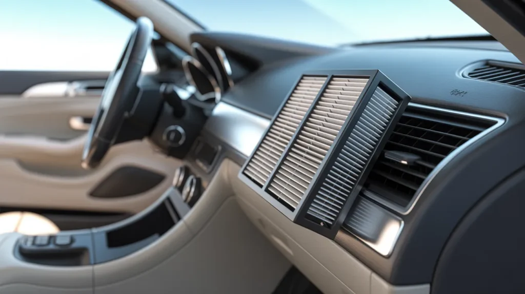 best cabin air filter placed near car dashboard vent showing pleated filter design
